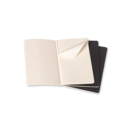 Drei schwarze Moleskine Notizhefte im offenen Zustand mit kariertem Papier und einem leeren Blatt.