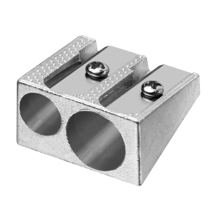 Doppelspitzer aus Metall mit zwei unterschiedlich großen Öffnungen zum Anspitzen von Bleistiften.