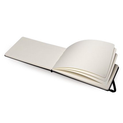 Offenes Moleskine Aquarellbuch mit leeren Seiten, das flach auf einem Tisch liegt.