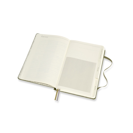 Offenes, linierte Moleskine Notizbuch mit Registertaben und doppelter Innentasche.