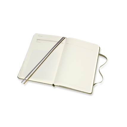 Offenes Moleskine Notizbuch mit linierter Seite und einem Lesezeichen.