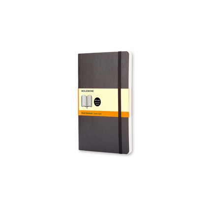 Schwarzes Moleskine Notizbuch mit softcover, liniert, und orangefarbener Papierbanderole.
