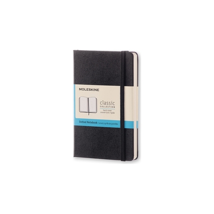 Schwarzes Moleskine Notizbuch Classic Hardcover Pocket mit punktkarierten Seiten und Banderole.