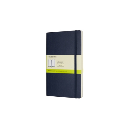 Saphirfarbenes Moleskine Notizbuch Classic Softcover L mit leeren Seiten und Banderole.