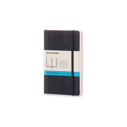 Schwarzes Moleskine Notizbuch im Taschenformat mit Punktkariertem Innenteil und Papierbanderole.