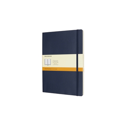 Blaues Moleskine Notizbuch im Softcover-Stil mit elastischem Verschluss und Papierbanderole.