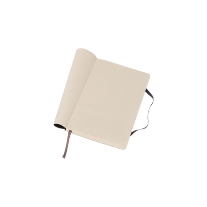 Schwarzes Moleskine Notizbuch, Softcover, punktkariert, offen liegend und leicht zur Seite gekippt.