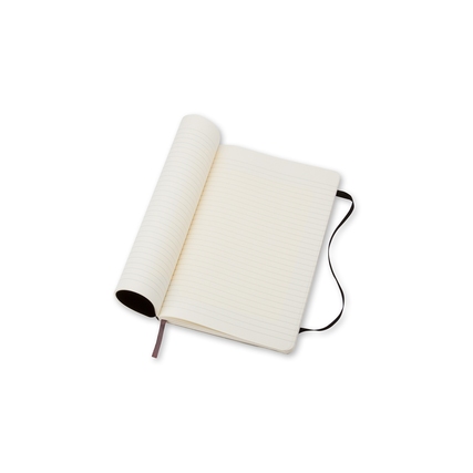 Schwarzes Moleskine Notizbuch Classic Softcover Pocket, geöffnet mit liniertem Papier.