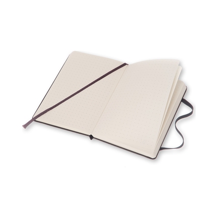 Schwarz gepunktetes Moleskine Notizbuch im Taschenformat, geöffnet mit Lesezeichen.