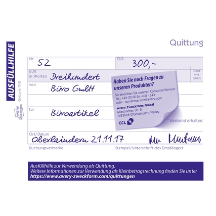 Quittung für Kleinunternehmer mit Platz für Betrag und Dienstleistungen, versehen mit Stempel.
