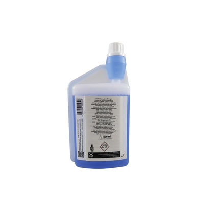 Milchaufschäumer-Reiniger in einer blauen Flasche mit detaillierter Rückseite.