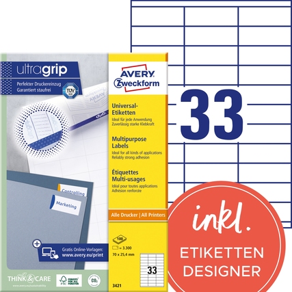 Universaletiketten mit ultragrip-Technologie auf einer Verpackung, geeignet für alle Drucker.