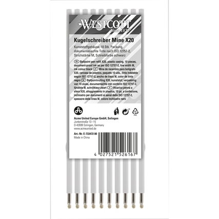 Zehn schwarze Kugelschreiberminen X20 in einer transparenten Verpackung.