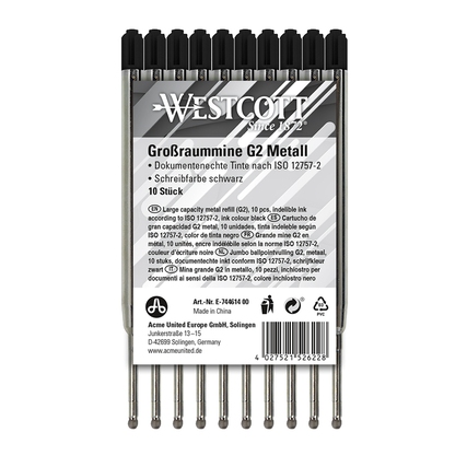 Schwarze Großraummine G2 in Metallhülle, zehn Stück in Verpackung mit Herstellerinformationen.