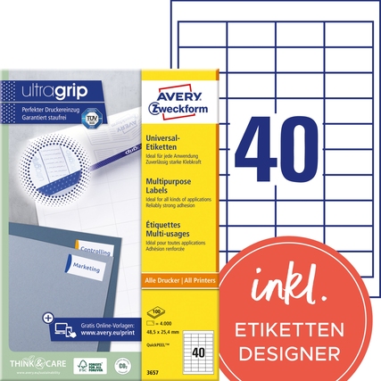 Universaletiketten mit ultragrip-Technologie, verpackt in einer bunten Schachtel.