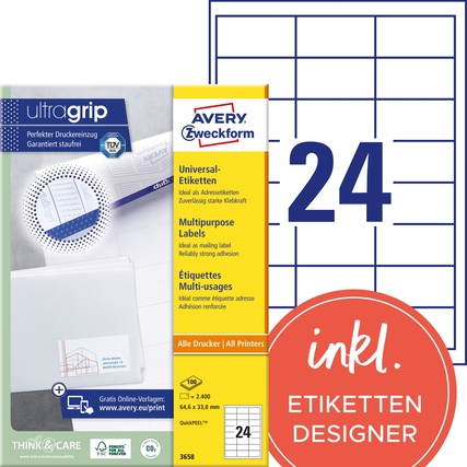 Universaletikettenpackung mit 24 Etiketten und Angabe zur Nutzung eines Online-Designers.