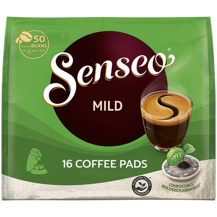 Kaffeepads in grüner Verpackung, mit der Bezeichnung "Mild" und einer abgebildeten Tasse Kaffee.