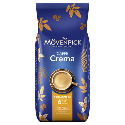 Blau verpackter Mövenpick Caffè Crema mit goldener Tasse und Kaffeebohnen-Illustration.