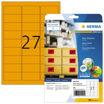 Neonorange Etiketten auf A4-Blatt mit Verpackung und Beispielanwendung.