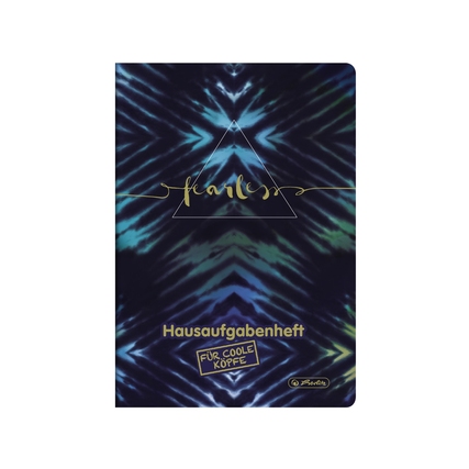 Hausaufgabenheft mit buntem Batikdesign und goldener Schrift auf stabilem Kartonumschlag.