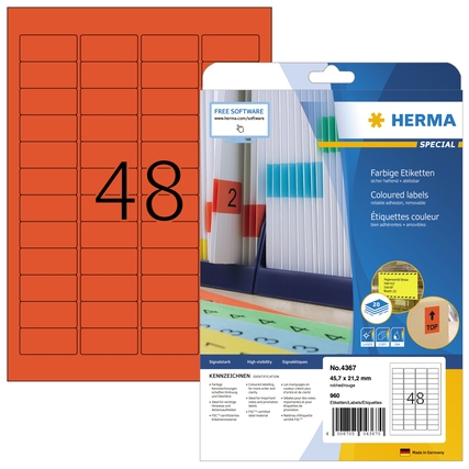 Rote Universaletiketten in 45,7 x 21,2 mm mit Blisterverpackung und Nummerierung.