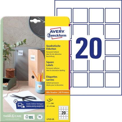 Avery Zweckform Universaletikett 45 x 45 mm (B x H) nicht wieder ablösbar Papier weiß 500 Etik./Pack.