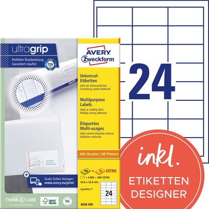 Packung mit Avery Zweckform Universaletiketten, Format 64,6 x 33,8 mm, mit ultragrip-Logo.
