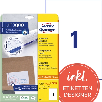 Paket mit Avery Zweckform Universaletiketten in 210 x 297 mm, abgebildet mit Etiketten-Design.