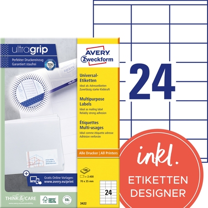 Verpackung der Avery Zweckform Universaletiketten mit 24 Etiketten in der Größe 70 x 35 mm.