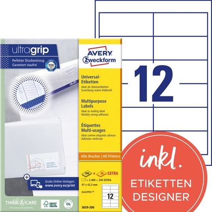 Weißes Etikettenblatt mit 12 universellen Aufkleberfeldern und Verpackung im Hintergrund.