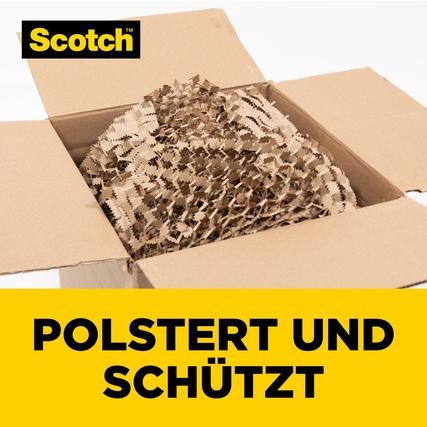 Schutzumwicklung aus Papierrecycling-Material in einem geöffneten Karton.