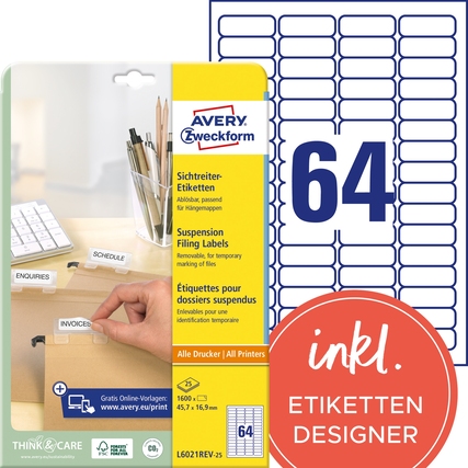 Sichtreiteretiketten in Verpackung mit 64 Etiketten und Hinweis auf Online-Etiketten-Designer.