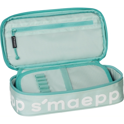 Mintfarbenes Schlampermäppchen mit offenem Reißverschluss und Innenfächern zur Aufbewahrung.
