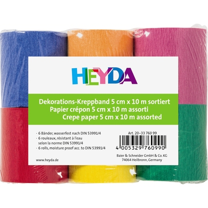 Sortierte Crepe-Papierrollen in verschiedenen Farben, je 5 cm x 10 m.