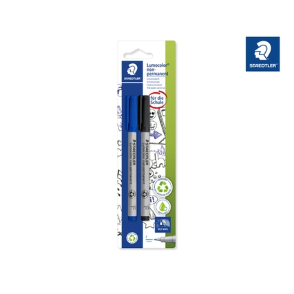Zwei blaue Lumocolor Folienstifte in einer Verpackung für Overhead-Projektion.