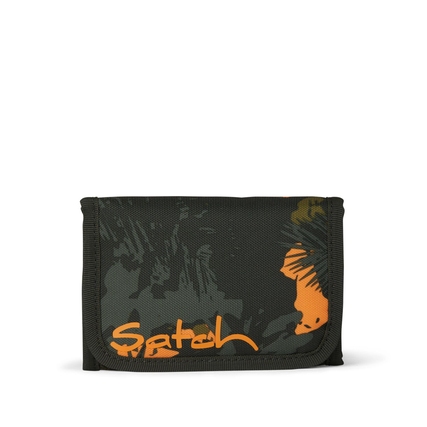 Geldbörse mit Dschungelmuster in Grün und Orange, geöffnet mit Klappe und Logo.