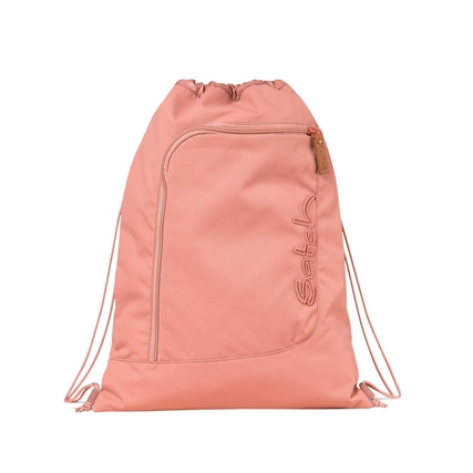 Rosa Sportbeutel mit Kordelzug und seitlichem Reißverschlussfach, im minimalistischen Design.