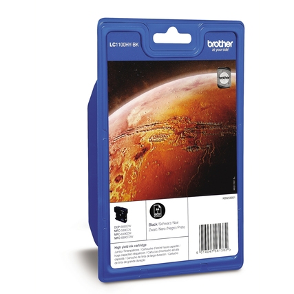 Schwarze Tintenpatrone LC-1100HY-BK in blauer Verpackung mit Mars-Hintergrund.