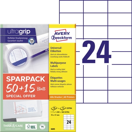 Avery Zweckform Universaletikett ultragrip SPARPACK 50 + 15 Blatt 70 x 37 mm (B x H) Produktbild pa_produktabbildung_1 XL