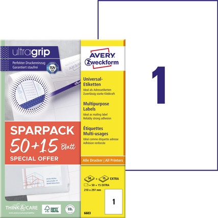 Avery Zweckform Universaletikett ultragrip SPARPACK 50 + 15 Blatt 210 x 297 mm (B x H) Produktbild pa_produktabbildung_1 XL