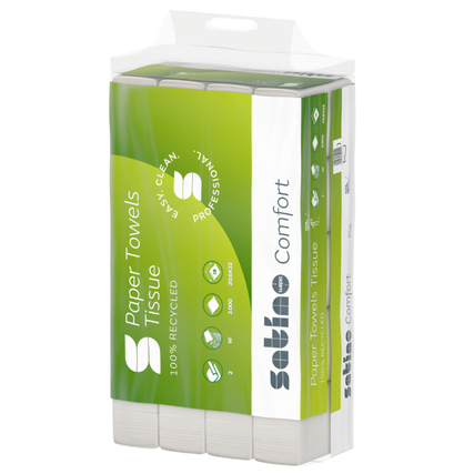 Packung mit Satino Papierhandtücher Comfort, 100 % Recycling, 25 x 120 Blatt.