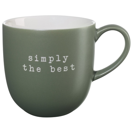 Grüne Tasse mit dem Schriftzug "simply the best" in weißer Farbe.