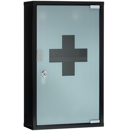 Schwarzer Verbandschrank mit Glasscheibe und Kreuzsymbol in frontaler Ansicht.