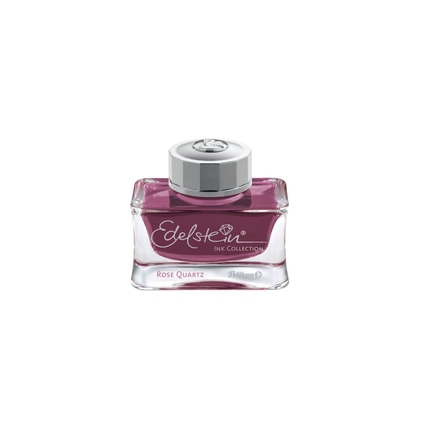 Tinte in einem klaren Glasbehälter mit einem pinken Farbton und einem silbernen Deckel.