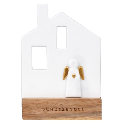 Weißer Teelichthalter in Form eines Hauses mit einem Engel und Holzsockel.