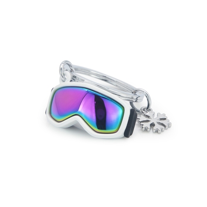 Metallschlüsselanhänger in Form einer Skibrille mit einer Schneeflocke als Anhänger.