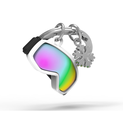 Metallschlüsselanhänger in Form einer Skibrille mit einer Schneeflocke als Anhänger.