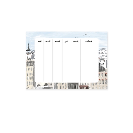 Schreibunterlage mit Pariser Stadtansicht und Feldern für Notizen und Termine.