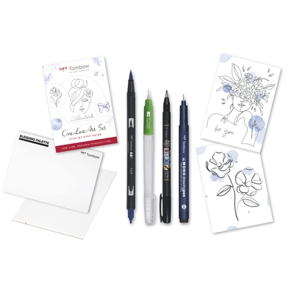 Tombow One Line Art Set mit Stiften, Anleitungen und Beispielen für Zeichnungen.