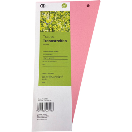 Rosa Trennstreifen in Trapezform für Ablagen, mit einseitigem Loch für einfaches Heften.